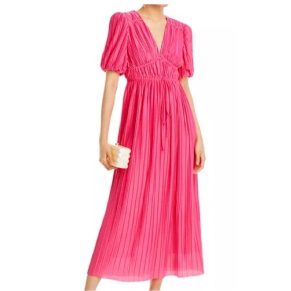 Endless Rose Pleated Pink Maxi Dress Puff Sleeve V-Neck Small NWT Wedding Guest